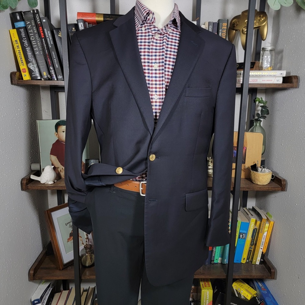 JOS A‎ BANK Men's Sport Coat Two Button Solid Navy Twill Wool Size 44L Tailored